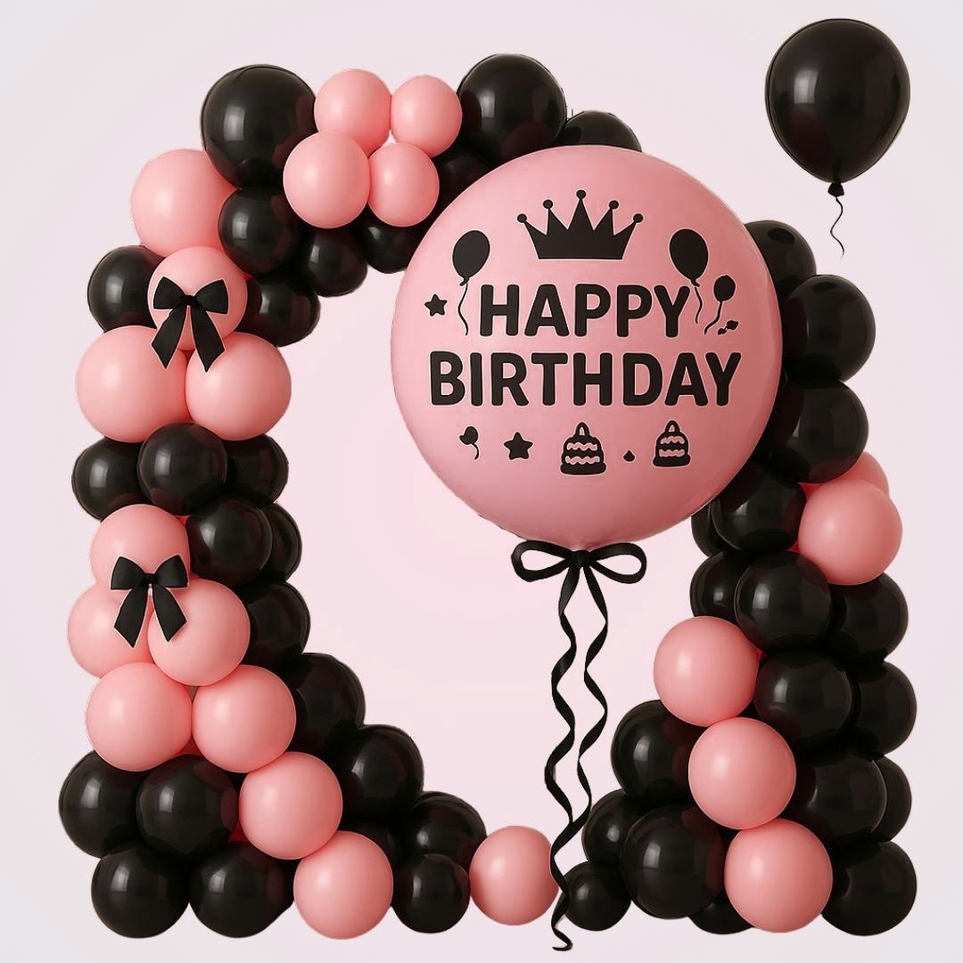 Happy Birthday Pink Balloons with Black Ribbon Combo Set - 22PC