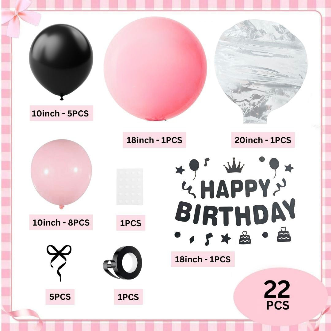 Happy Birthday Pink Balloons with Black Ribbon Combo Set - 22PC