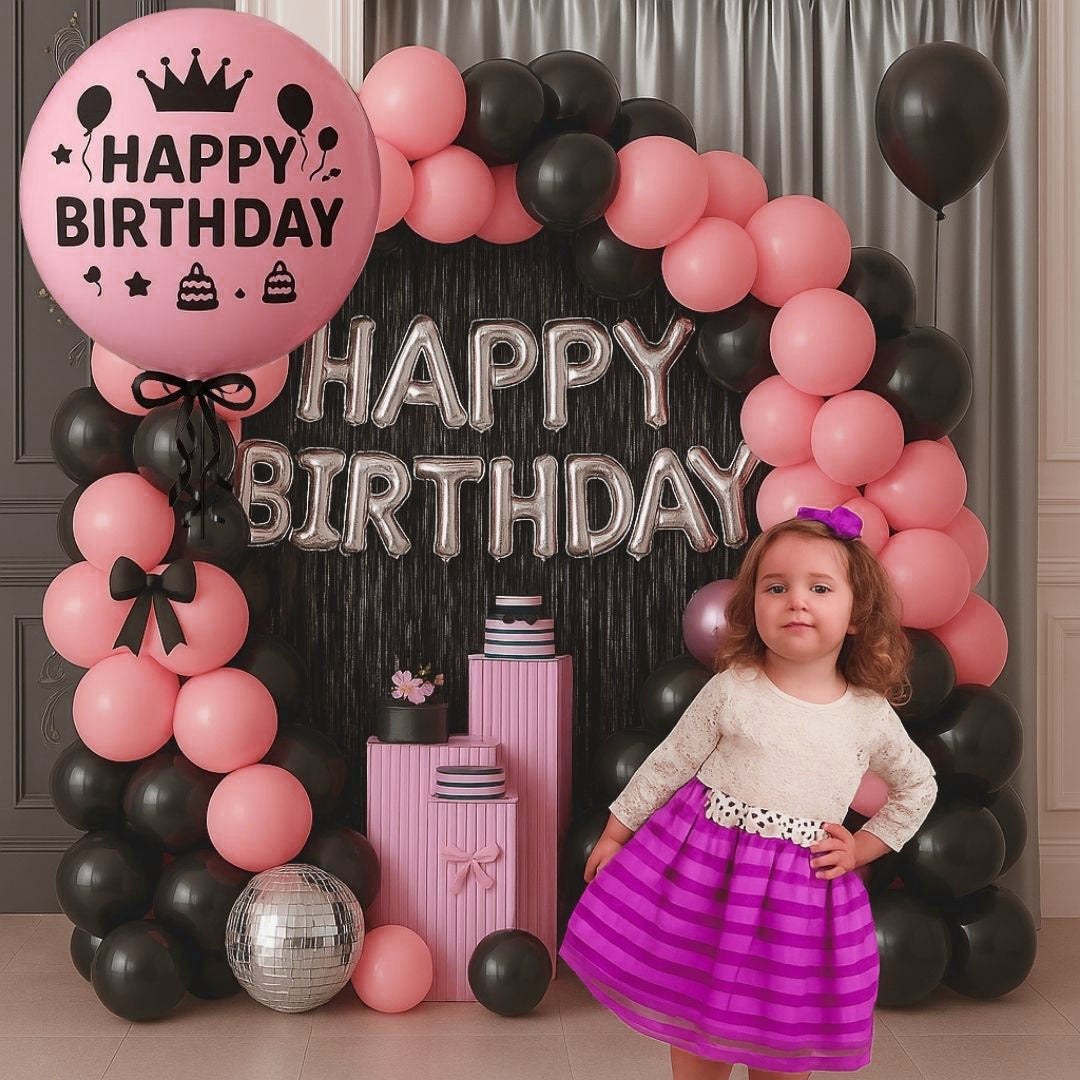 Happy Birthday Pink Balloons with Black Ribbon Combo Set - 22PC