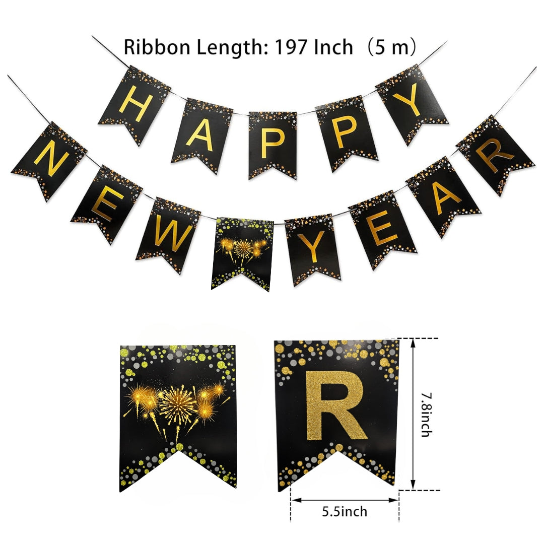 Happy New Year Black & Gold Letter Flag Banner - 1PC