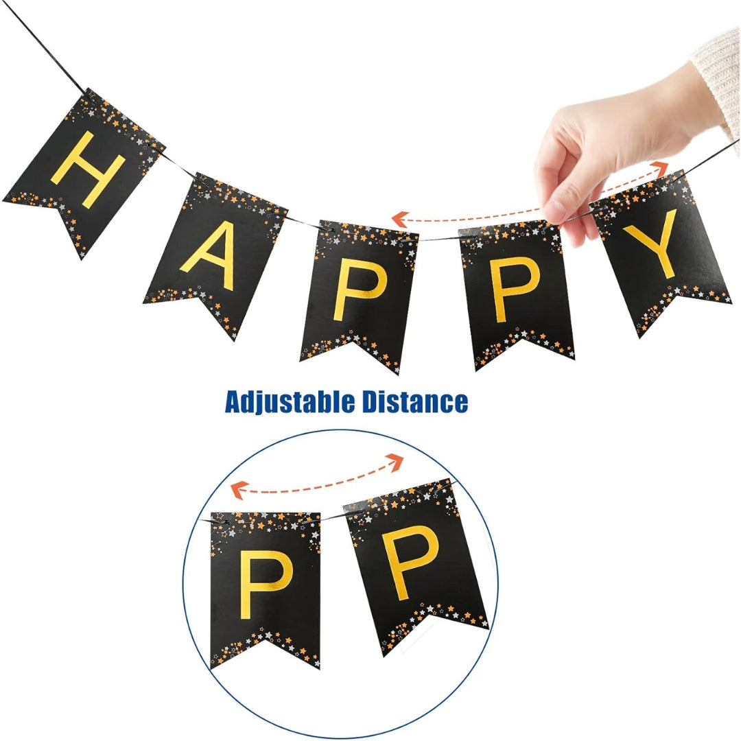 Happy New Year Black & Gold Letter Flag Banner - 1PC