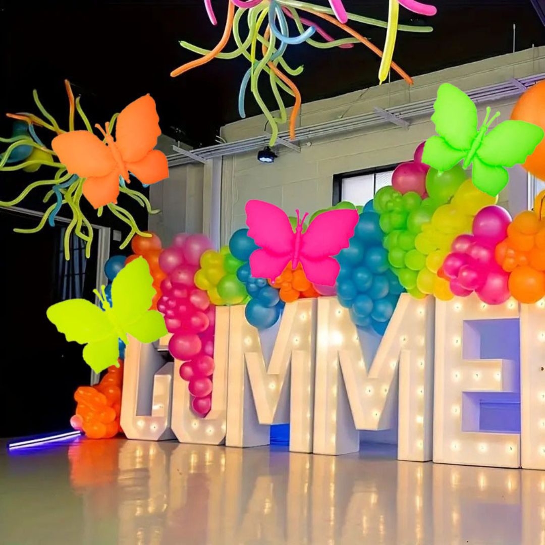 Neon/UV Florescent Butterfly Shaped Foil Balloons - Air Filled - 18 inches - Set of 4
