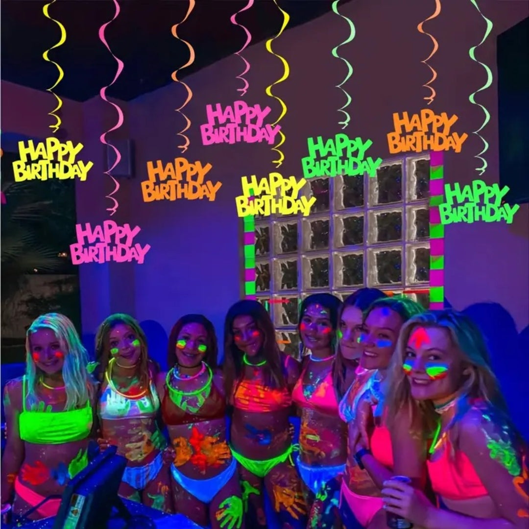 Neon UV/Glow In the Dark Happy Birthday Swirl Decoration - 5PC