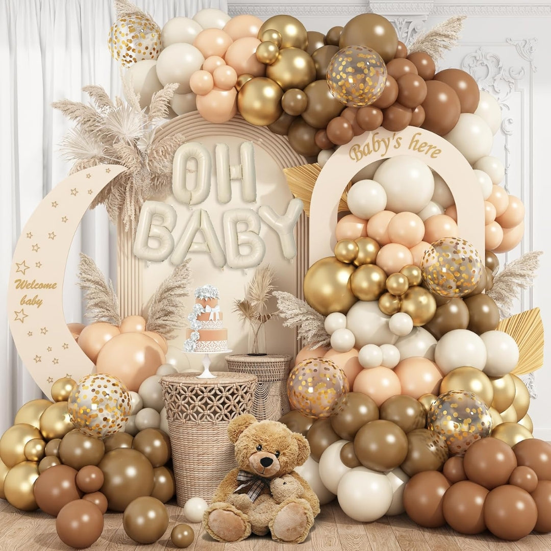 Oh Baby Beige Foil Balloon with Brown and Gold Latex Balloons Combo Kit - 80PC