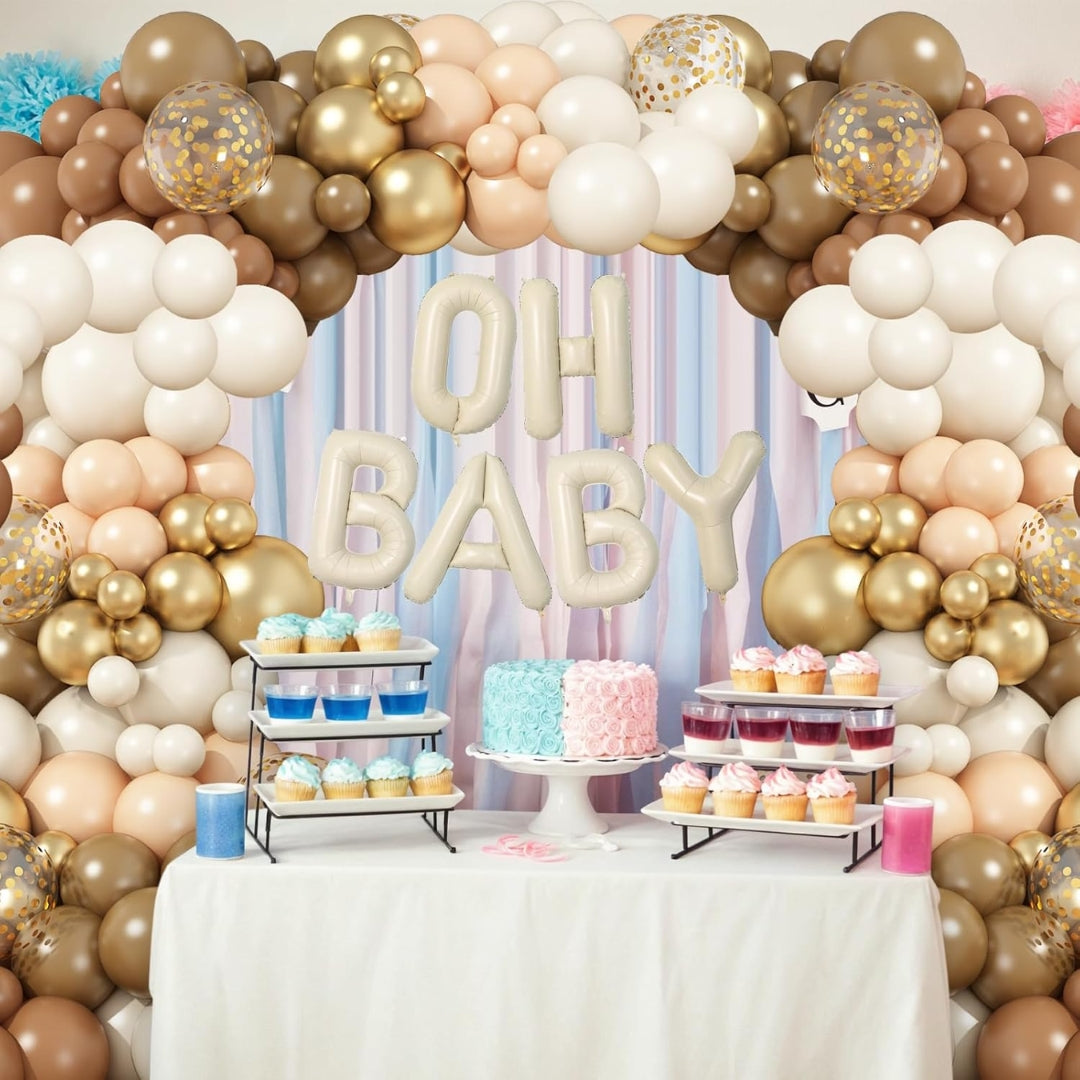 Oh Baby Beige Foil Balloon with Brown and Gold Latex Balloons Combo Kit - 80PC