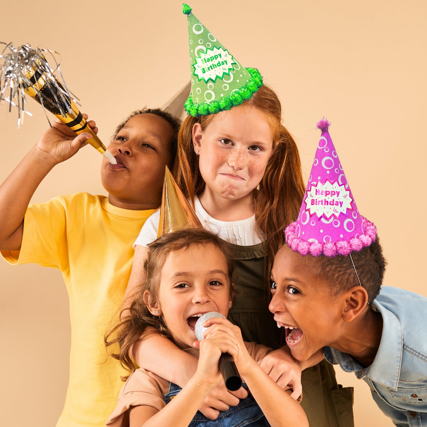 Happy Birthday Party Hats w/Polka Dot & Pom Pom - 2PC