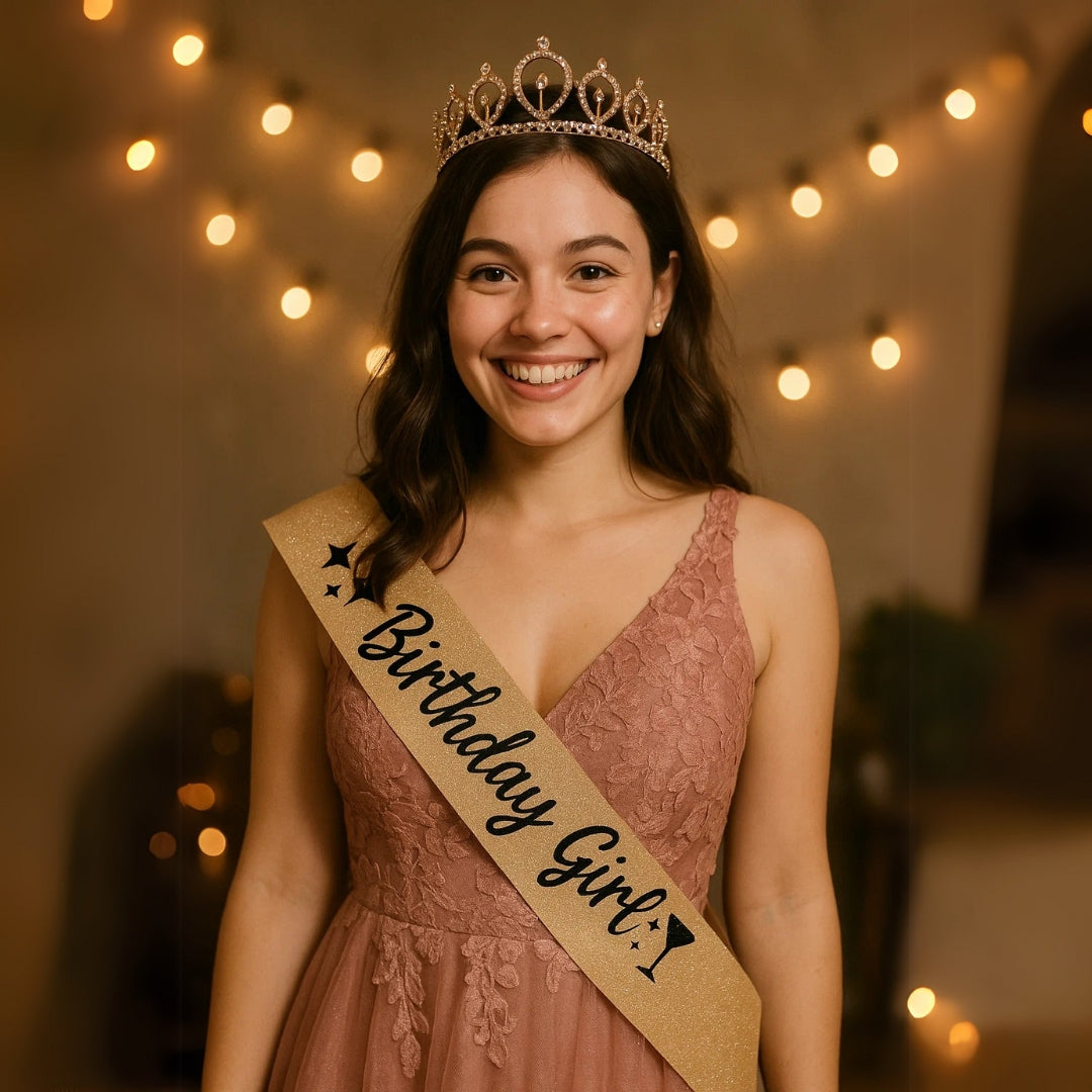 Rose Gold Tiara with Birthday Sash Combo - 1PC