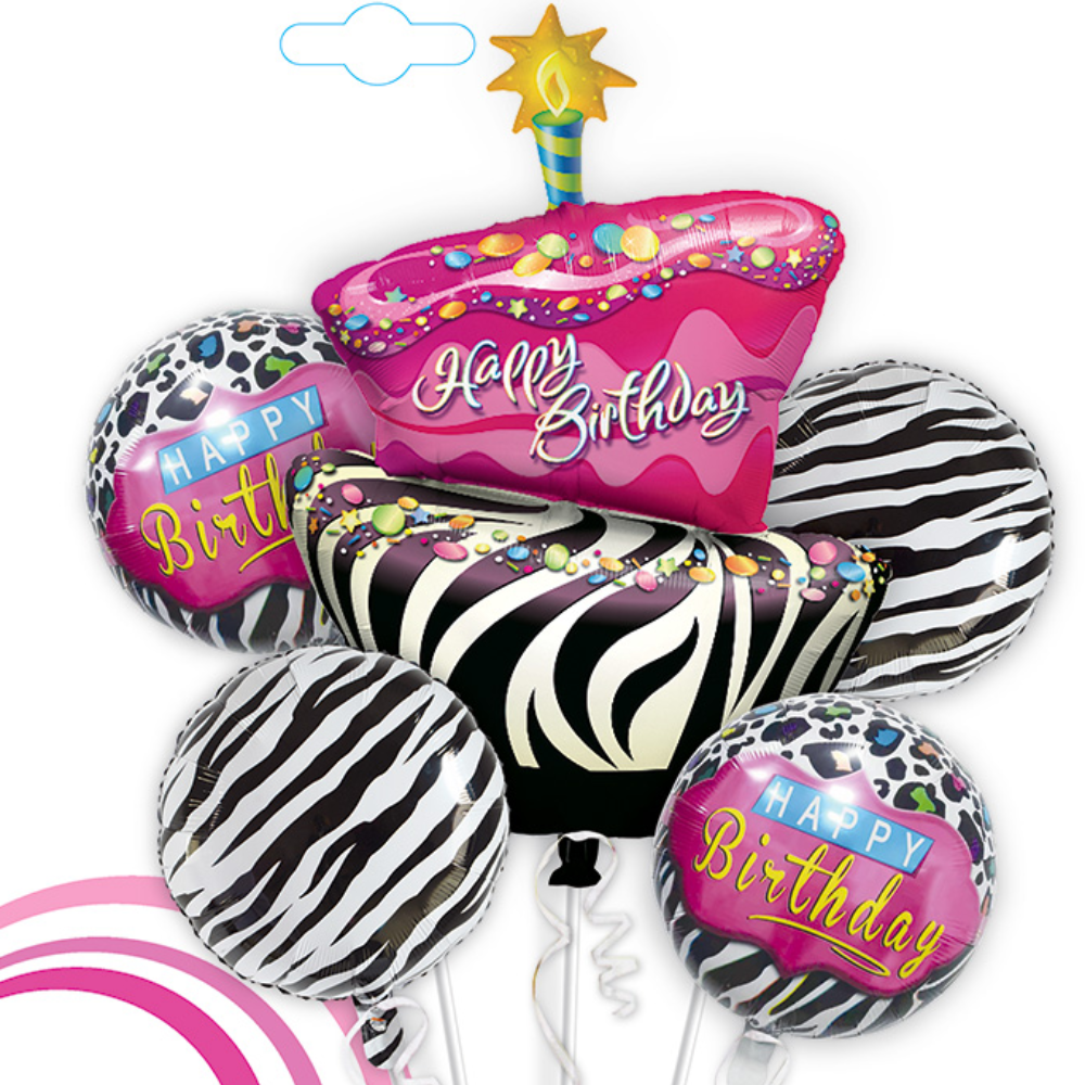 Happy Birthday Pink & Black Zebra Stripes Balloon pack of 5 pc (w/ Helium Gas)