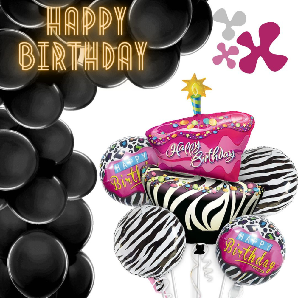 Happy Birthday Pink & Black Zebra Stripes Balloon pack of 5 pc (w/ Helium Gas)