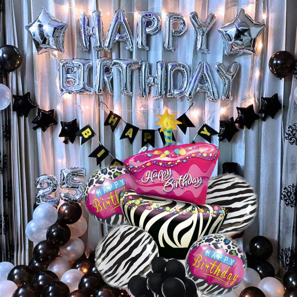Happy Birthday Pink & Black Zebra Stripes Balloon - Helium Filled - 5PC