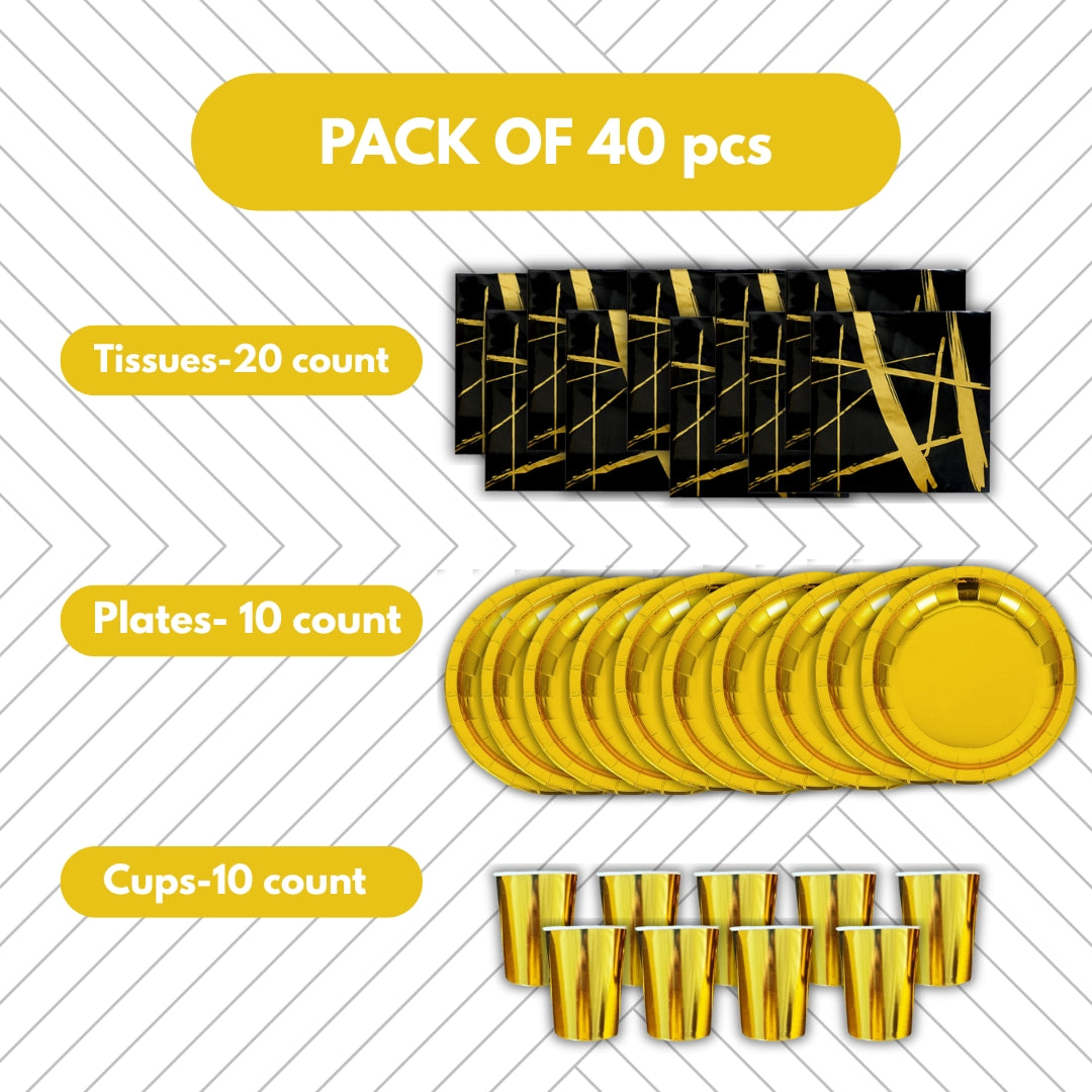 Black & Gold Party Tableware Combo Kit - 40PC