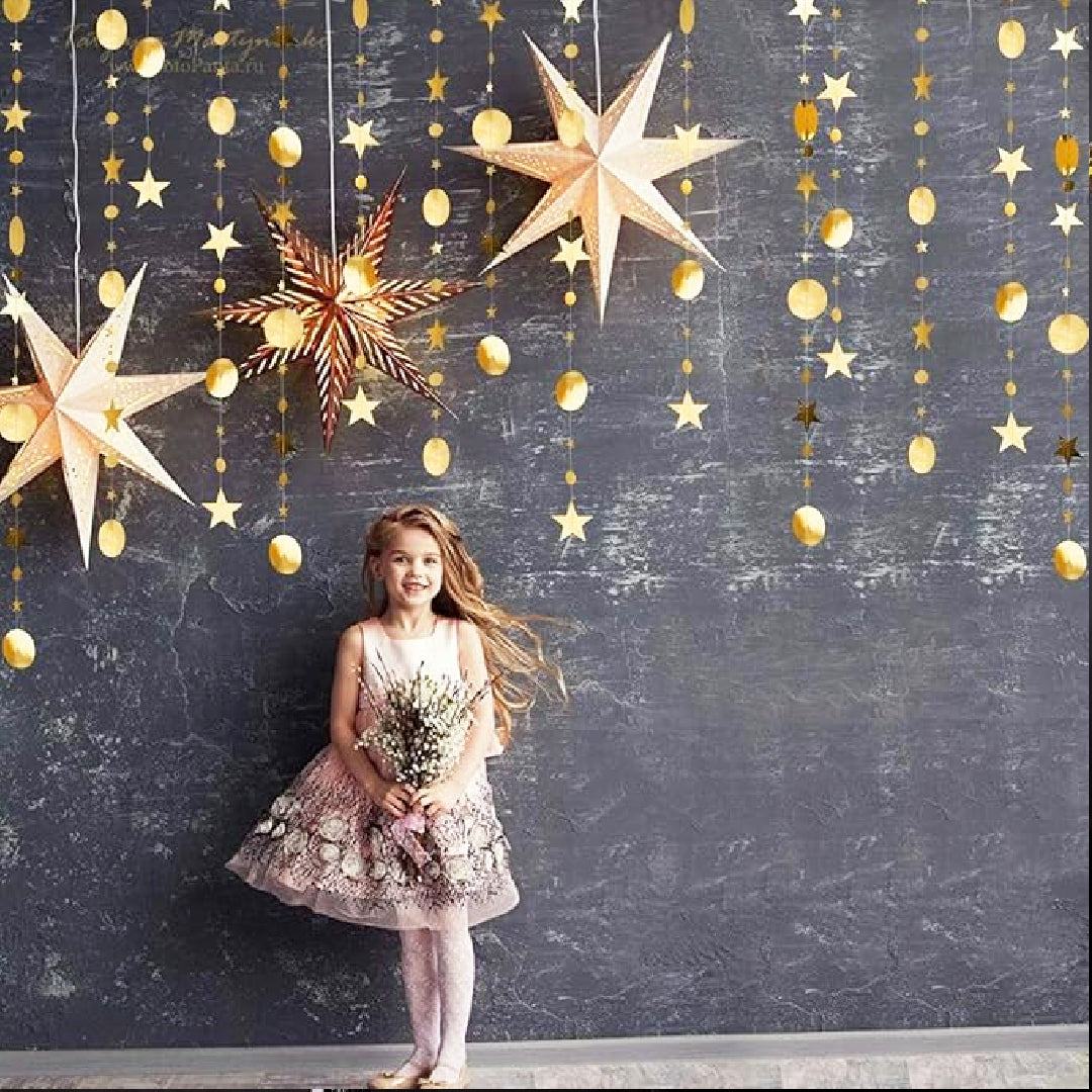 Star and Round Hanging Gold String/Garland Decoration - 8FT - 1PC