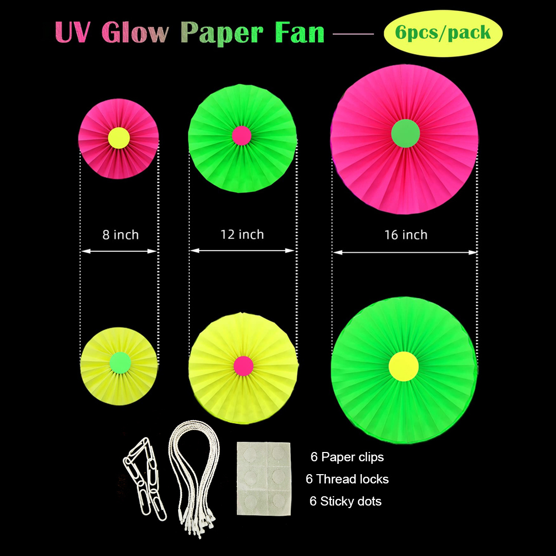 UV Neon Pink, Green & Yellow Paper Fan for Wall Decor - 6PC