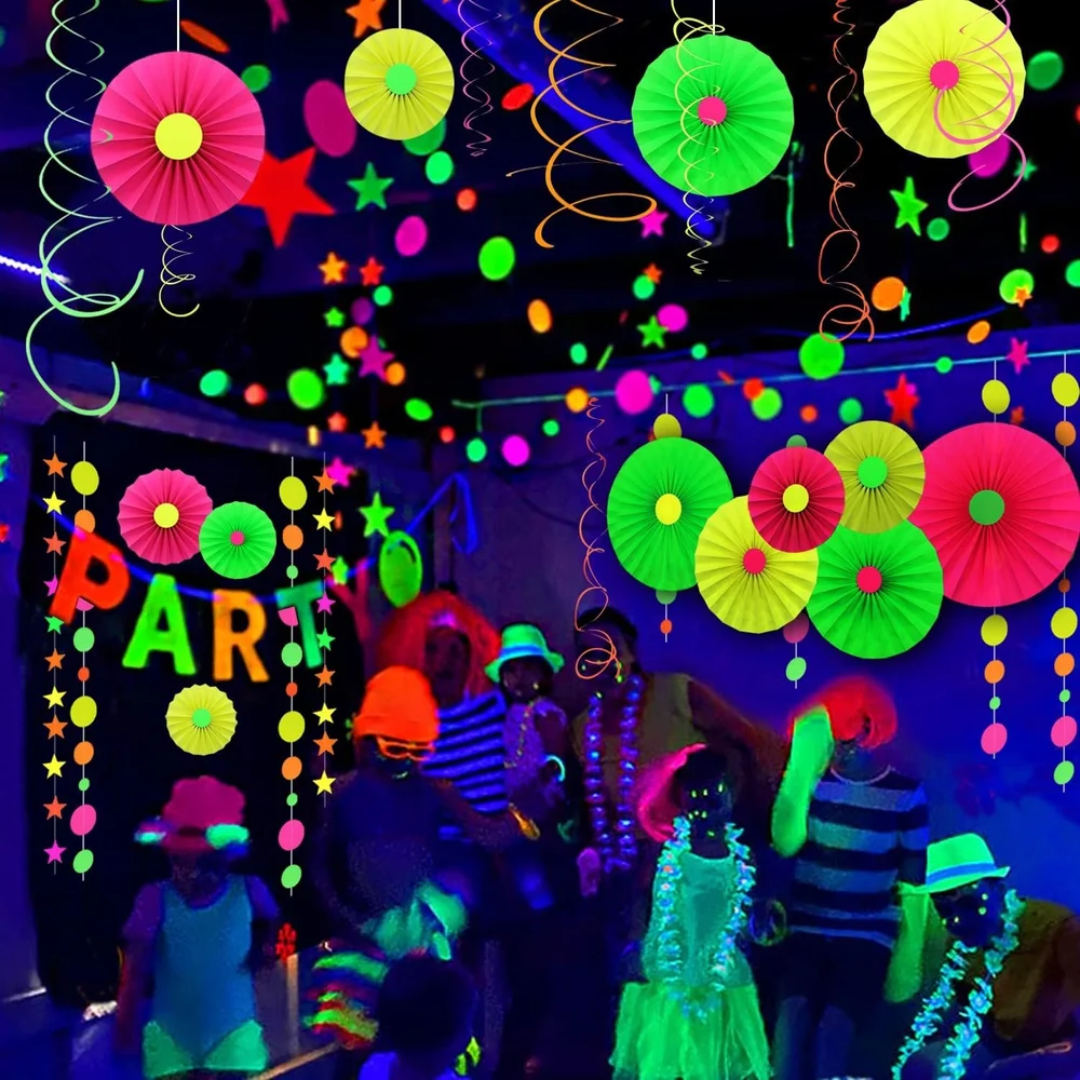 UV Neon Pink, Green & Yellow Paper Fan for Wall Decor - 6PC