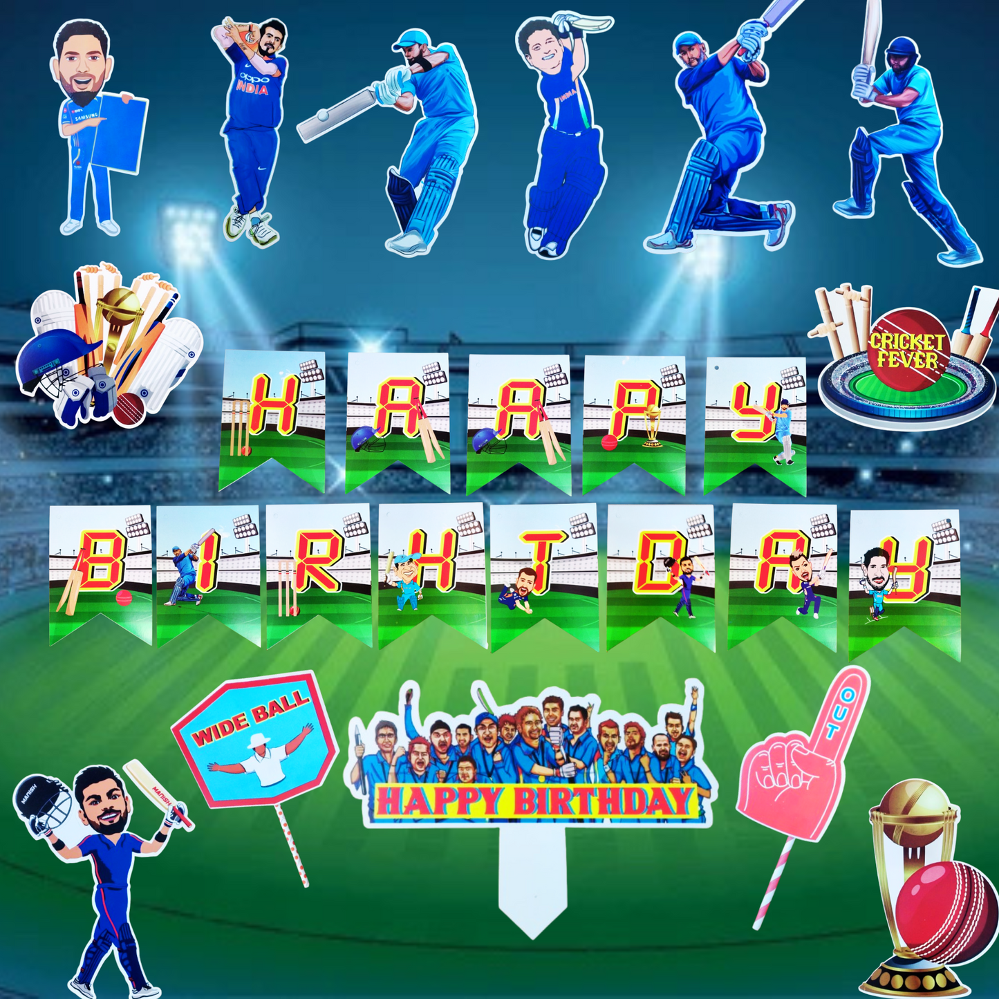 Cricket Theme Happy Birthday Decor w/ Cricketer Cutouts Combo - Set of 81PC