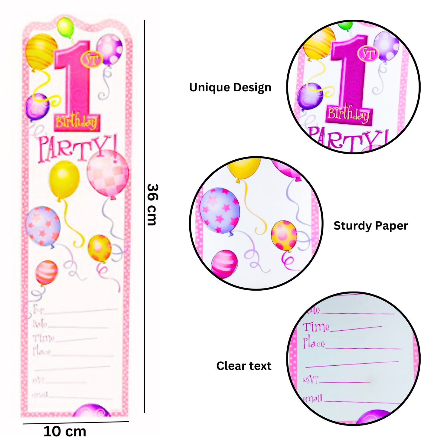 Happy 1st Birthday Princess Invites w/ Balloon Print - 8PC