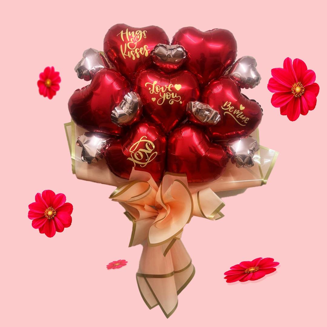 Red & Rose Gold Love You Text Foil Balloon Bouquet - 3PC