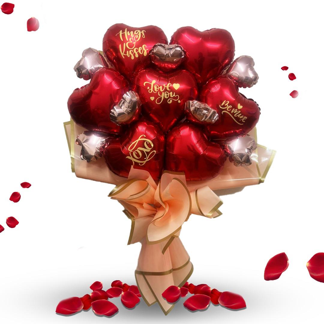 Red & Rose Gold Love You Text Foil Balloon Bouquet - 3PC