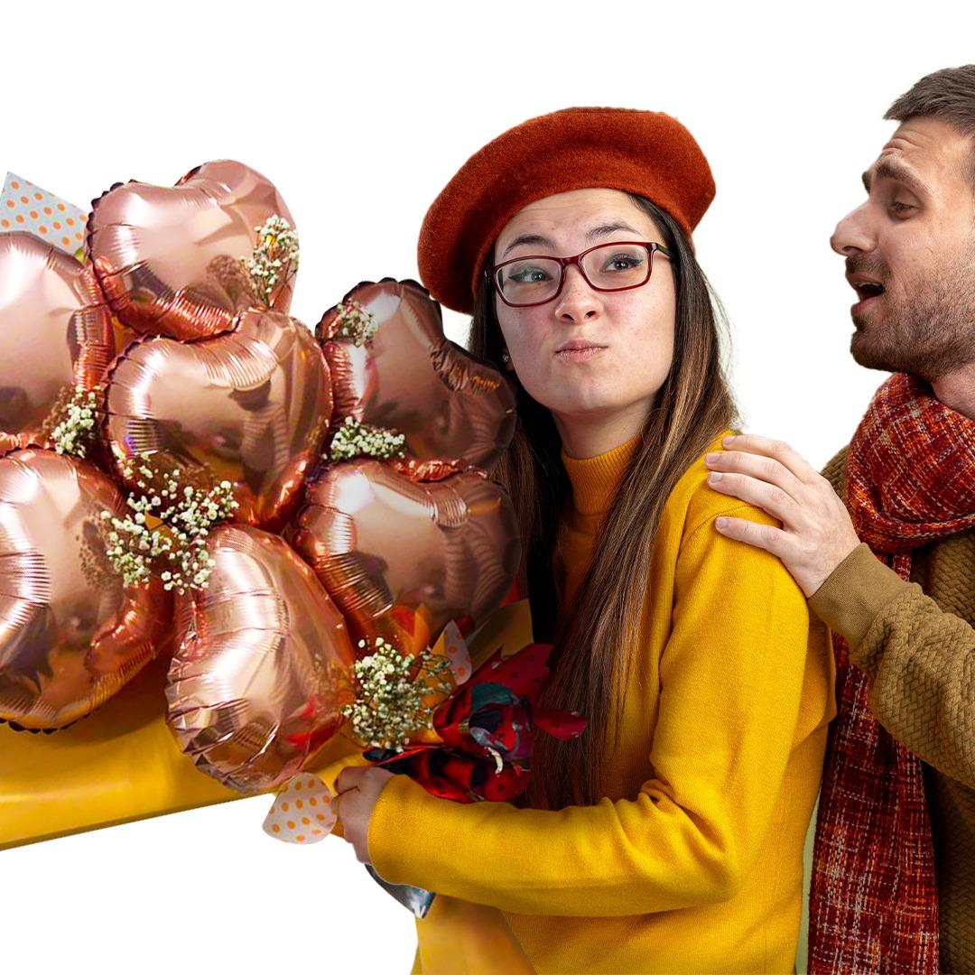 Rose Gold Heart Shape Foil Balloon Set w/ Gymsum Flowers - Air Filled - 10 inches - 7PC