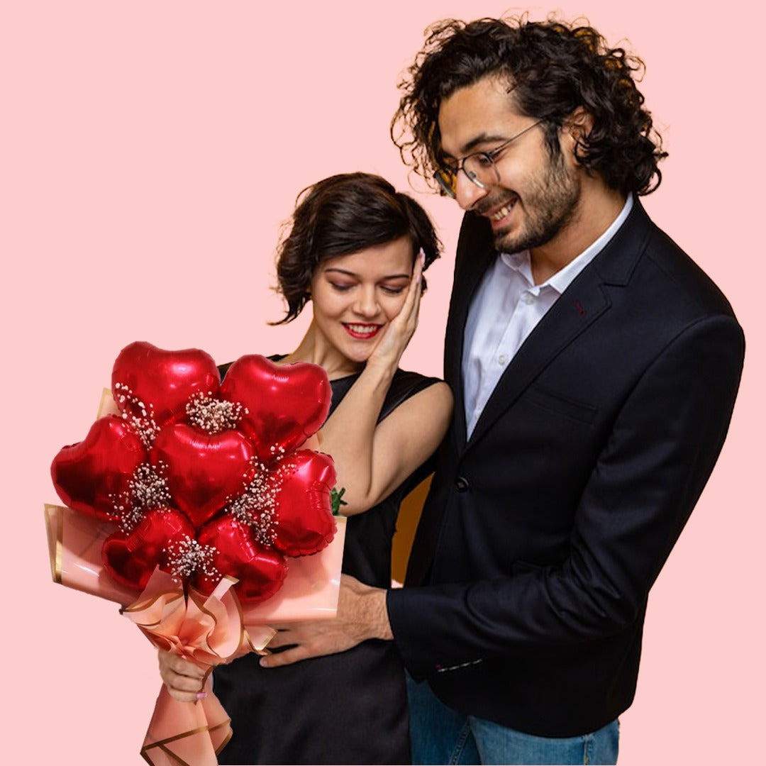 Red Heart Shape Foil Balloon Set w/ Gymsum Flowers - Air Filled - 10 inches - 7PC