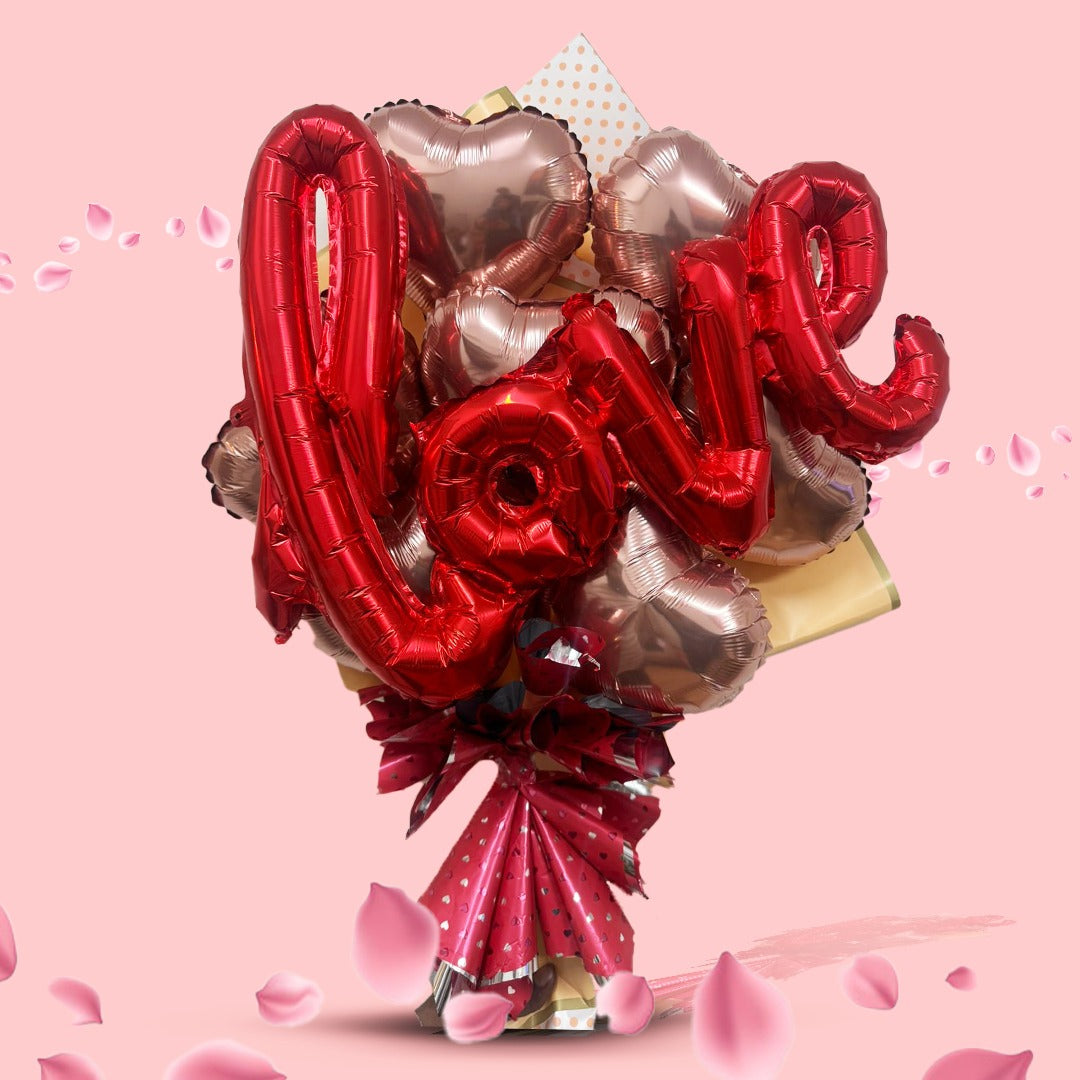 Rose Gold Heart Shape Foil Balloon Set w/ Red L-O-V-E Shaped Foil Ballon - 8PC