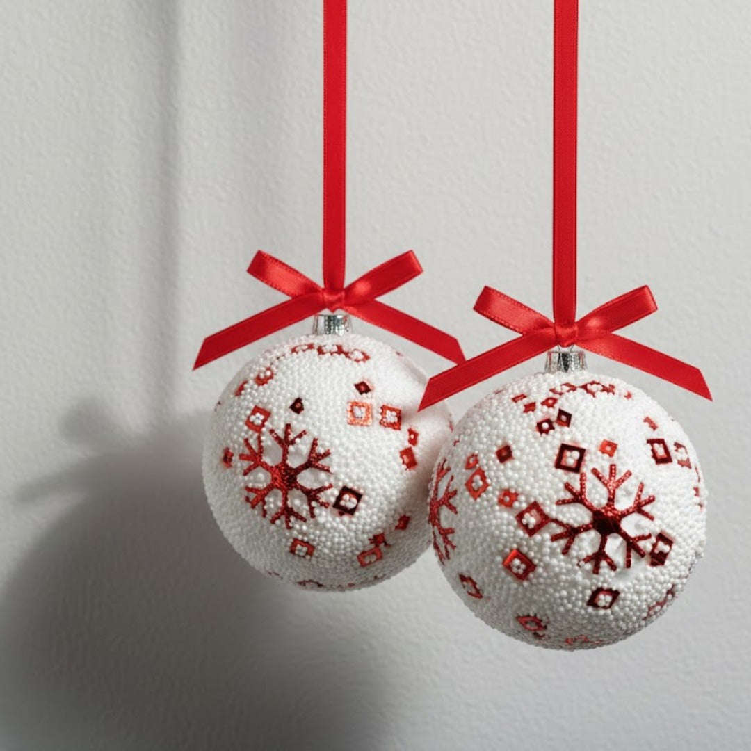 Christmas Glitter White Balls with Red Snowflakes - 6PC