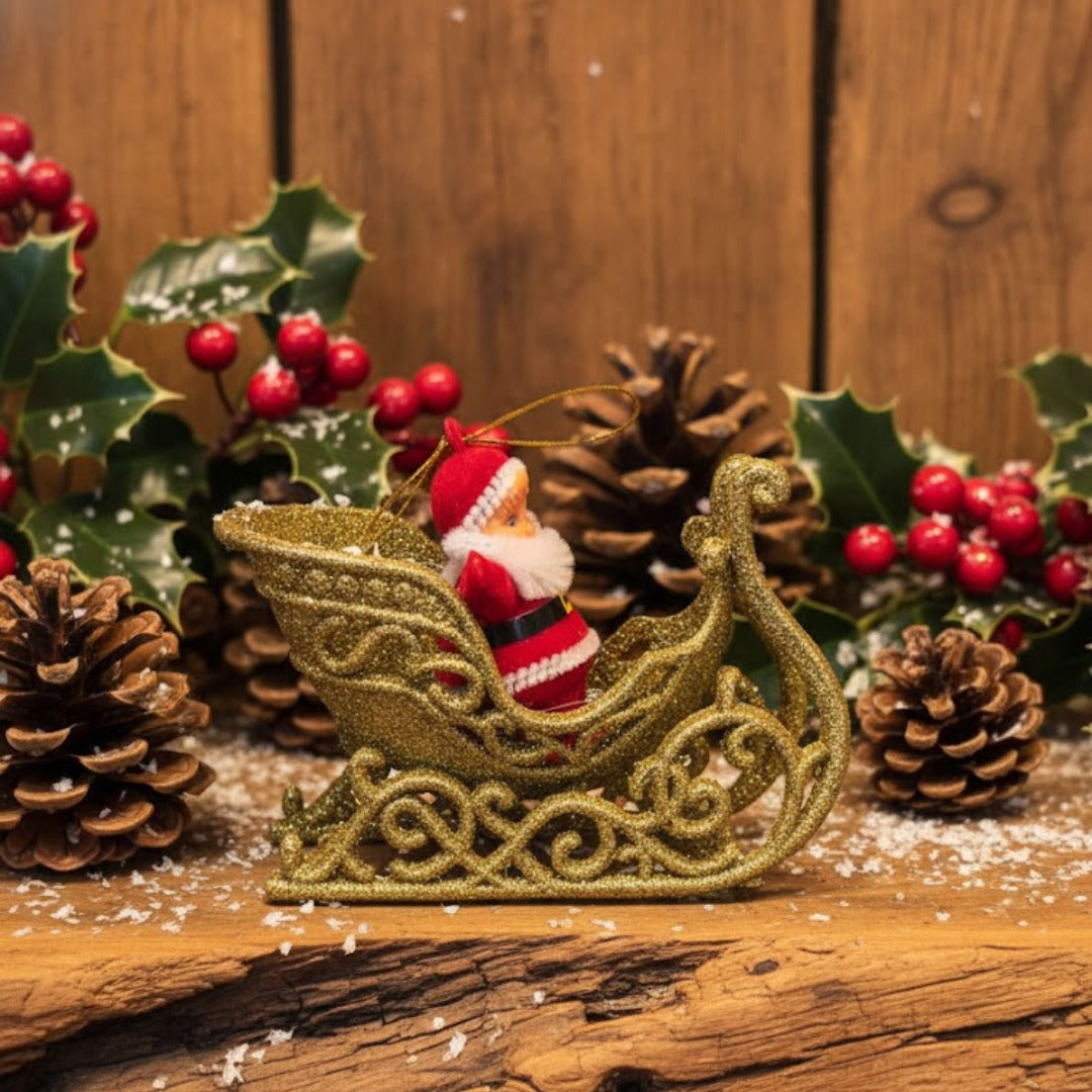 Small Santa on Golden Shimmery Sledge for Christmas Tree Decor - 1PC