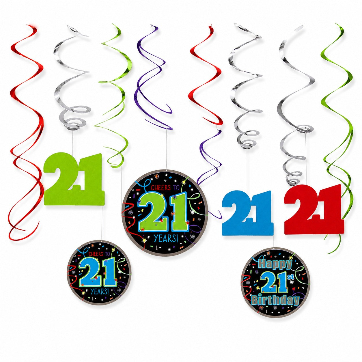 21st Birthday Hanging Swirl Decorations - 12Pc