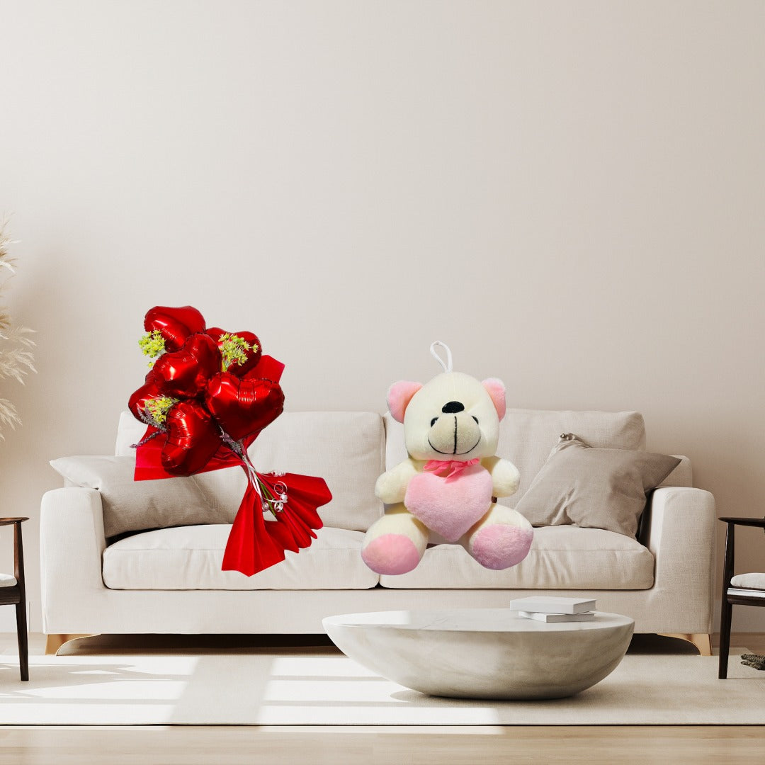 Red Heart Shape Foil Balloon w/ Small Pink Teddy Combo for Valentines Day/ Theme Party - 6PC