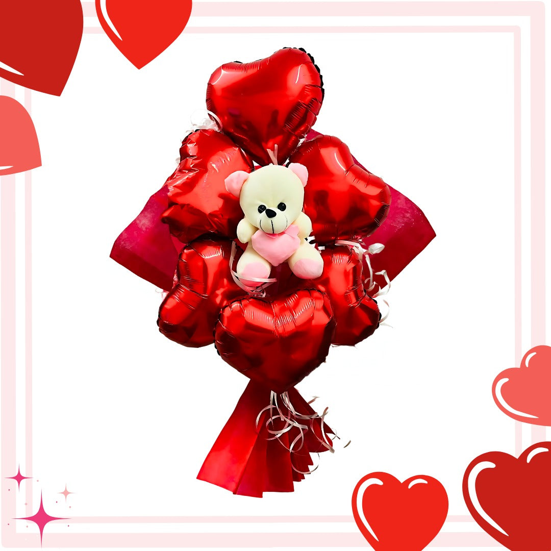 Red Heart Shape Foil Balloon w/ Small Pink Teddy Combo for Valentines Day/ Theme Party - 6PC