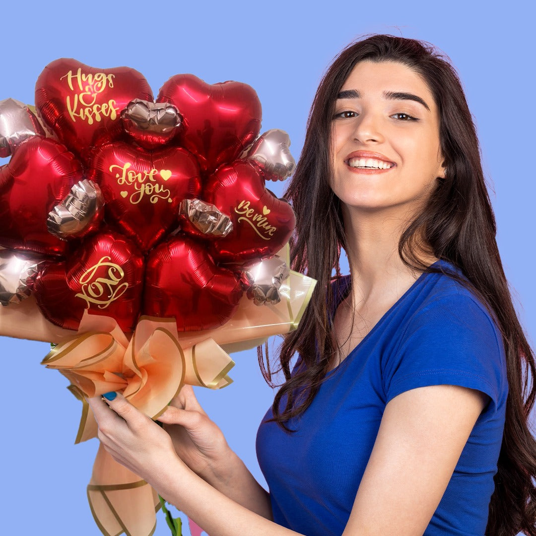 Red & Rose Gold Love You Text Foil Balloon Bouquet - 3PC