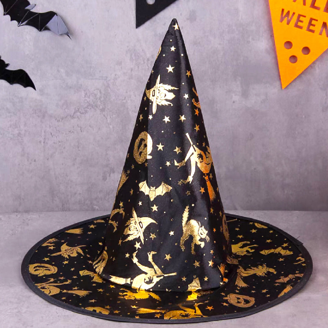 Witch Hat with Golden Pumpkin Bat Print for Halloween - 1PC