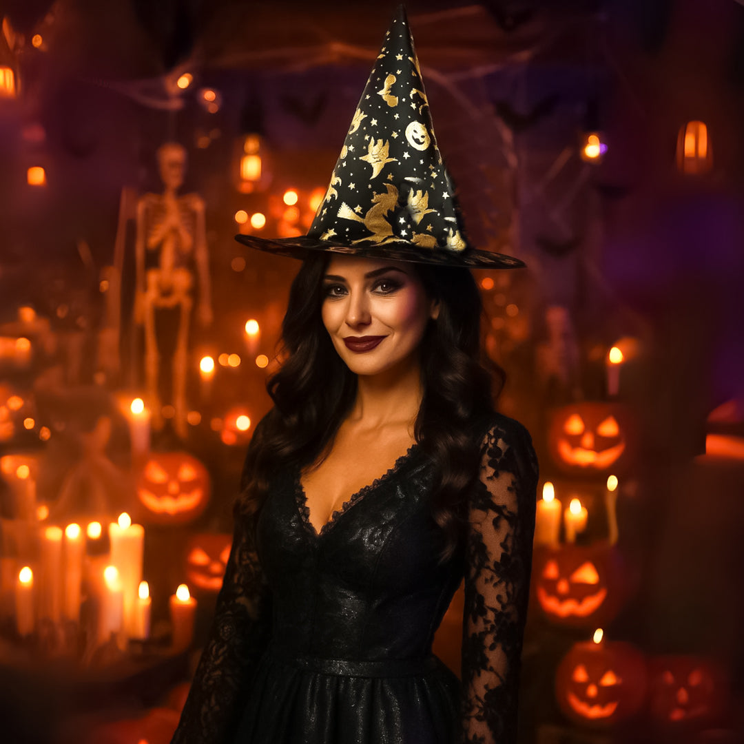 Witch Hat with Golden Pumpkin Bat Print for Halloween - 1PC