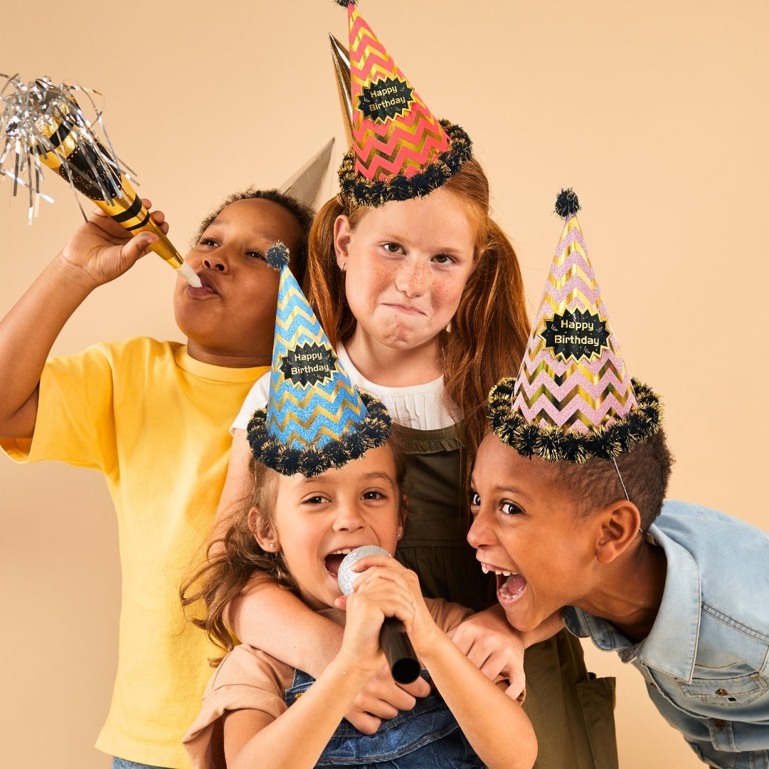 Happy Birthday Multicolor Hats Combo with Chevron Print laced with Pom Pom - 3PC