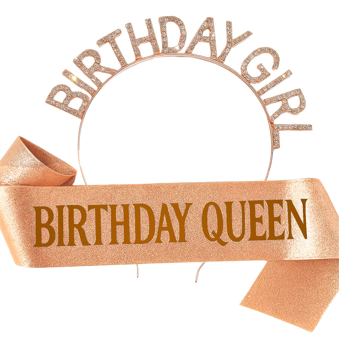 Happy Birthday Tiara Headband with Birthday Queen Sash Combo - 2PC