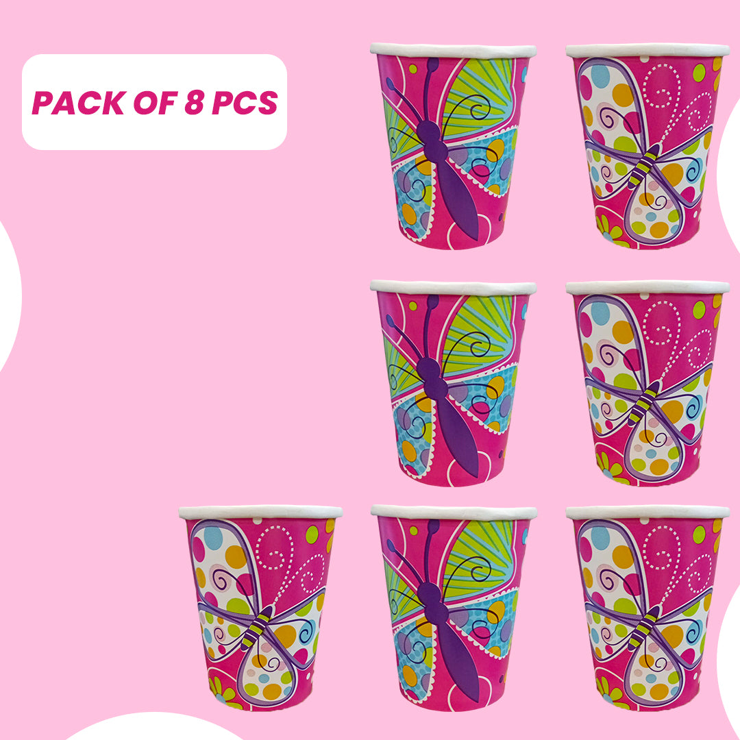 Butterfly & Flowers Theme Party Paper Cups - 250ML - 8PC