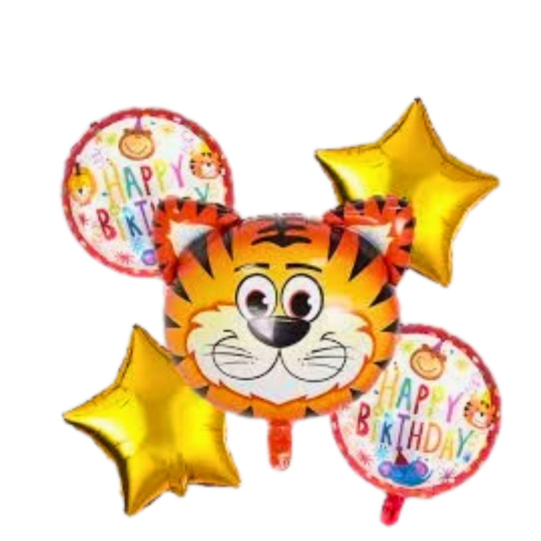 Happy Birthday Jungle Animal Tiger Balloon Set Of 5 (w/ Helium Gas)