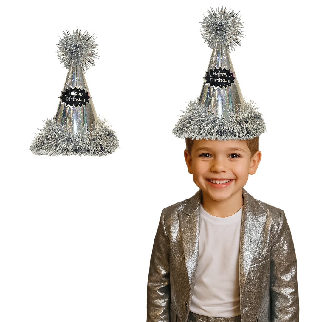 Happy Birthday Silver Glittery Hat with Fringe - 1PC