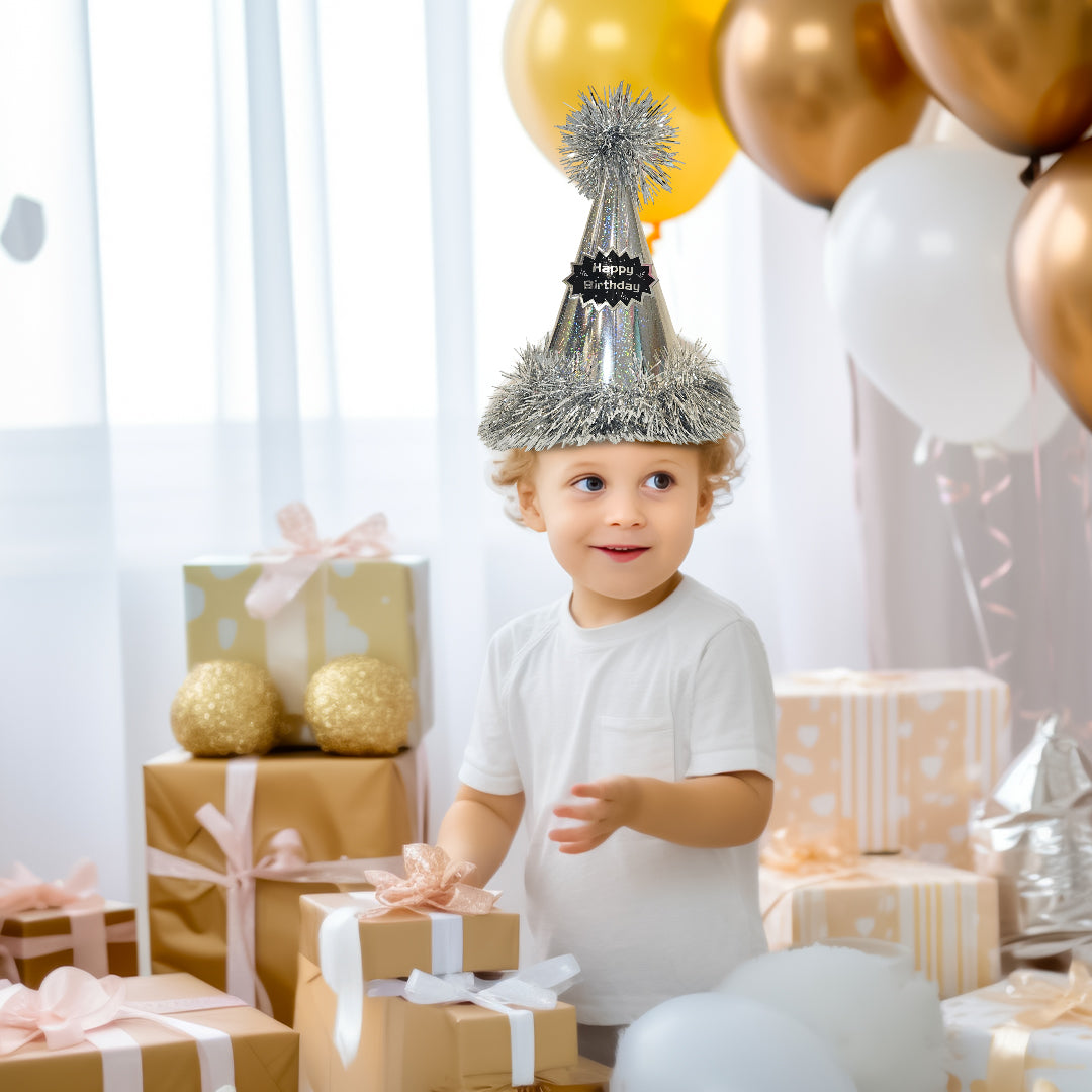Happy Birthday Silver Glittery Hat with Fringe - 1PC