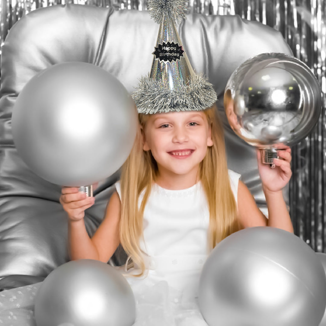 Happy Birthday Silver Glittery Hat with Fringe - 1PC