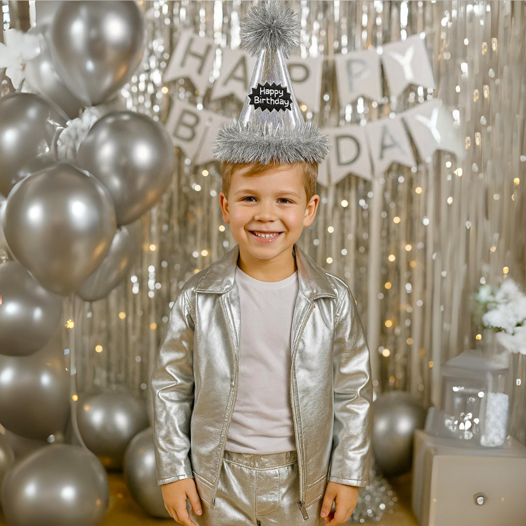 Happy Birthday Silver Glittery Hat with Fringe - 1PC