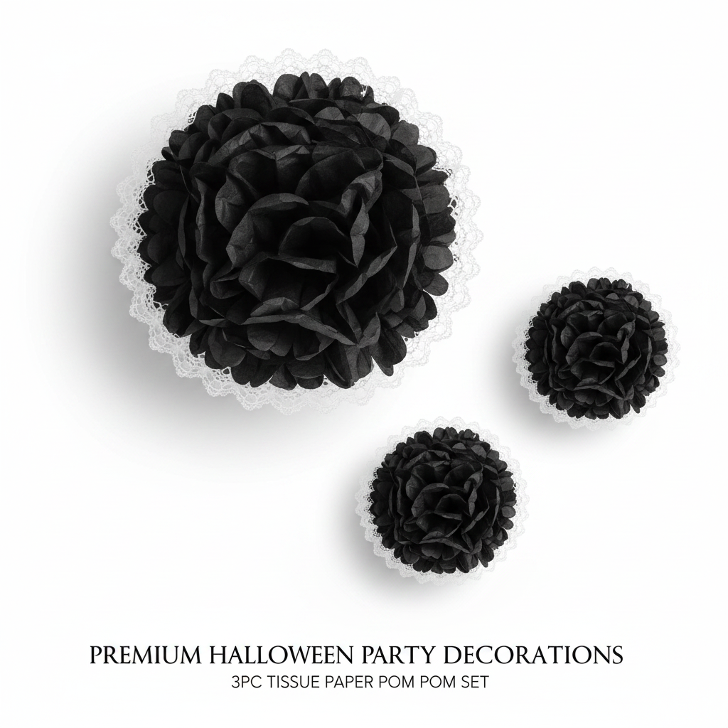 Black and white Halloween fluffy tissue paper pom pom 3PC set flat lay showing three different sized black pom poms with white lace edge