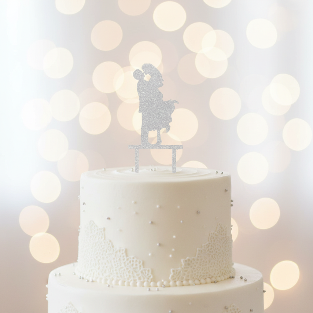 Close up detail of wedding couple silhouette silver acrylic cake topper showing romantic bride groom pose