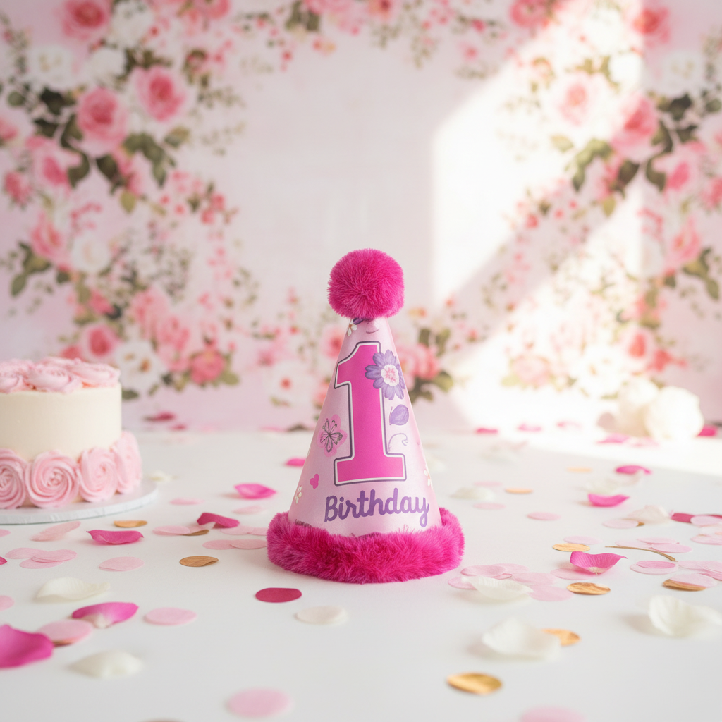 1st Birthday Girl Pink Cone Hat at Smash Cake Photoshoot