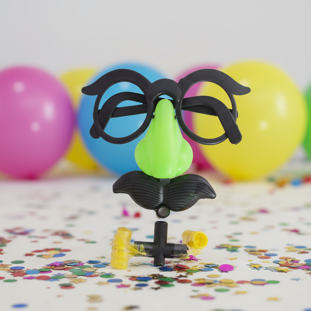 Close up detail of fun mustache blowout favor with black glasses green nose and yellow whistle