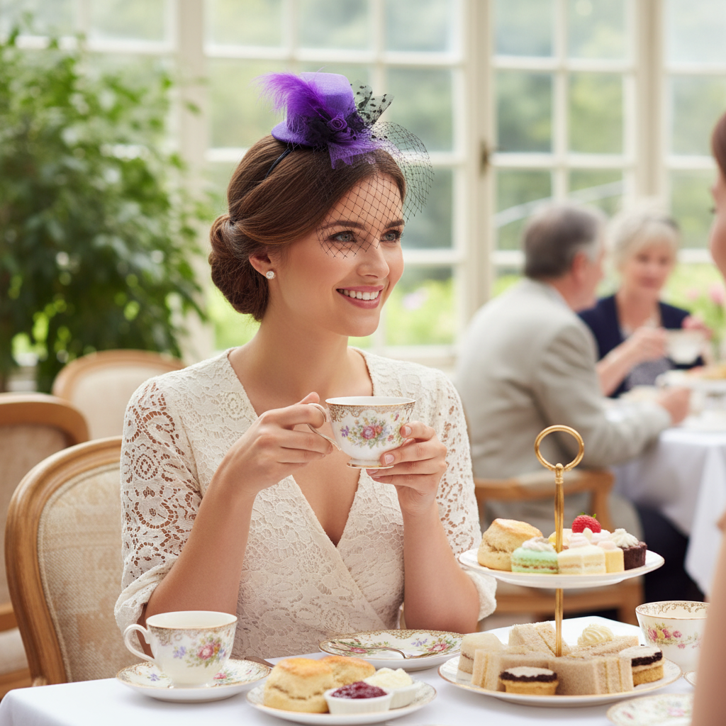 Purple Mini Top Hat Fascinator worn at Afternoon Tea Party