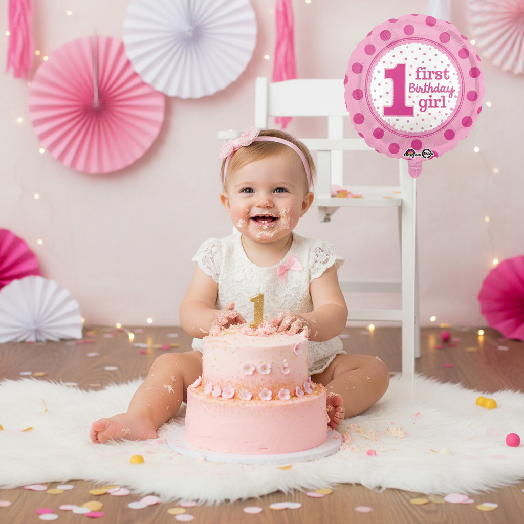 1st Birthday Girl Balloon - Cake Smash Setup