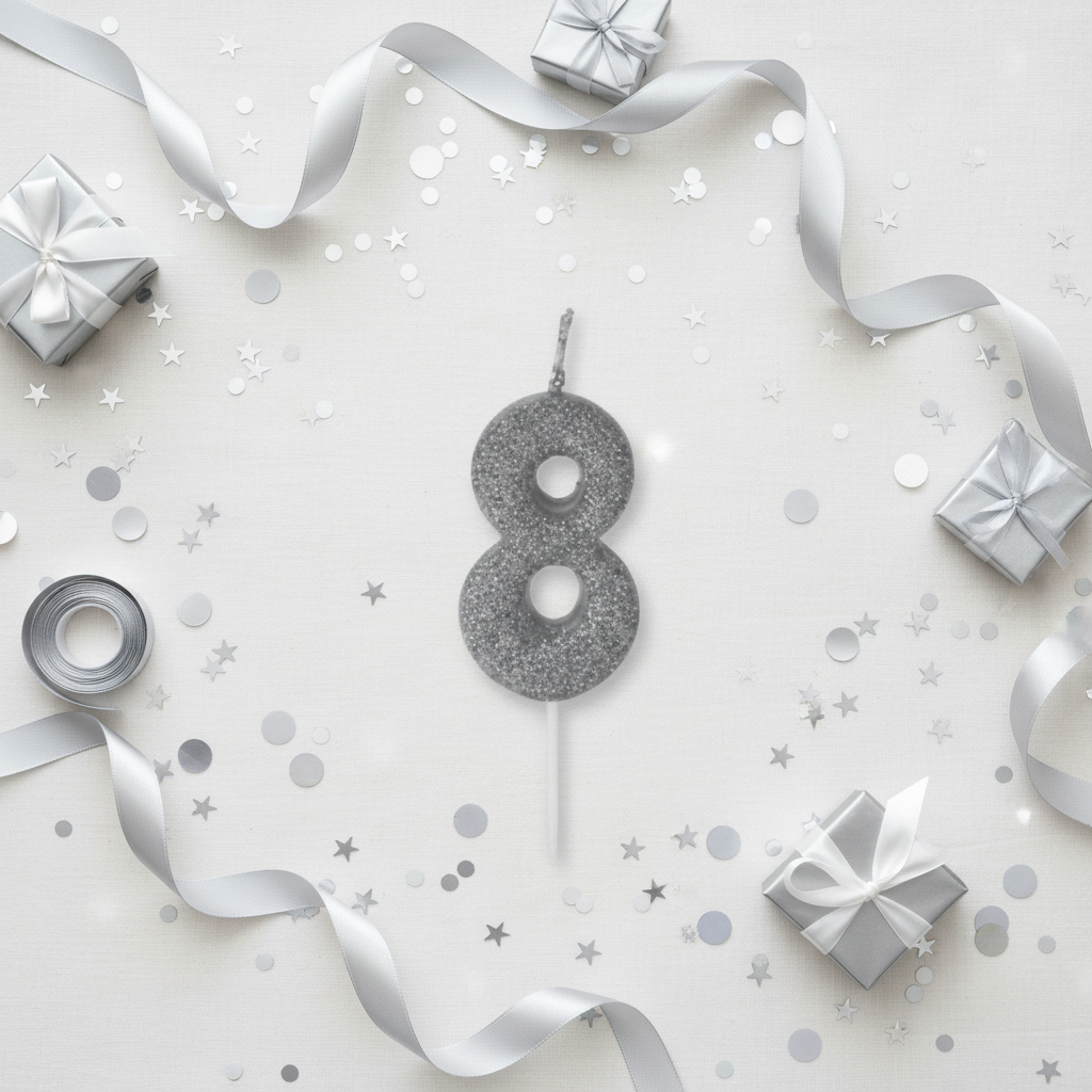 Silver glitter number 8 candle flat lay with silver ribbons gift boxes and silver party decor