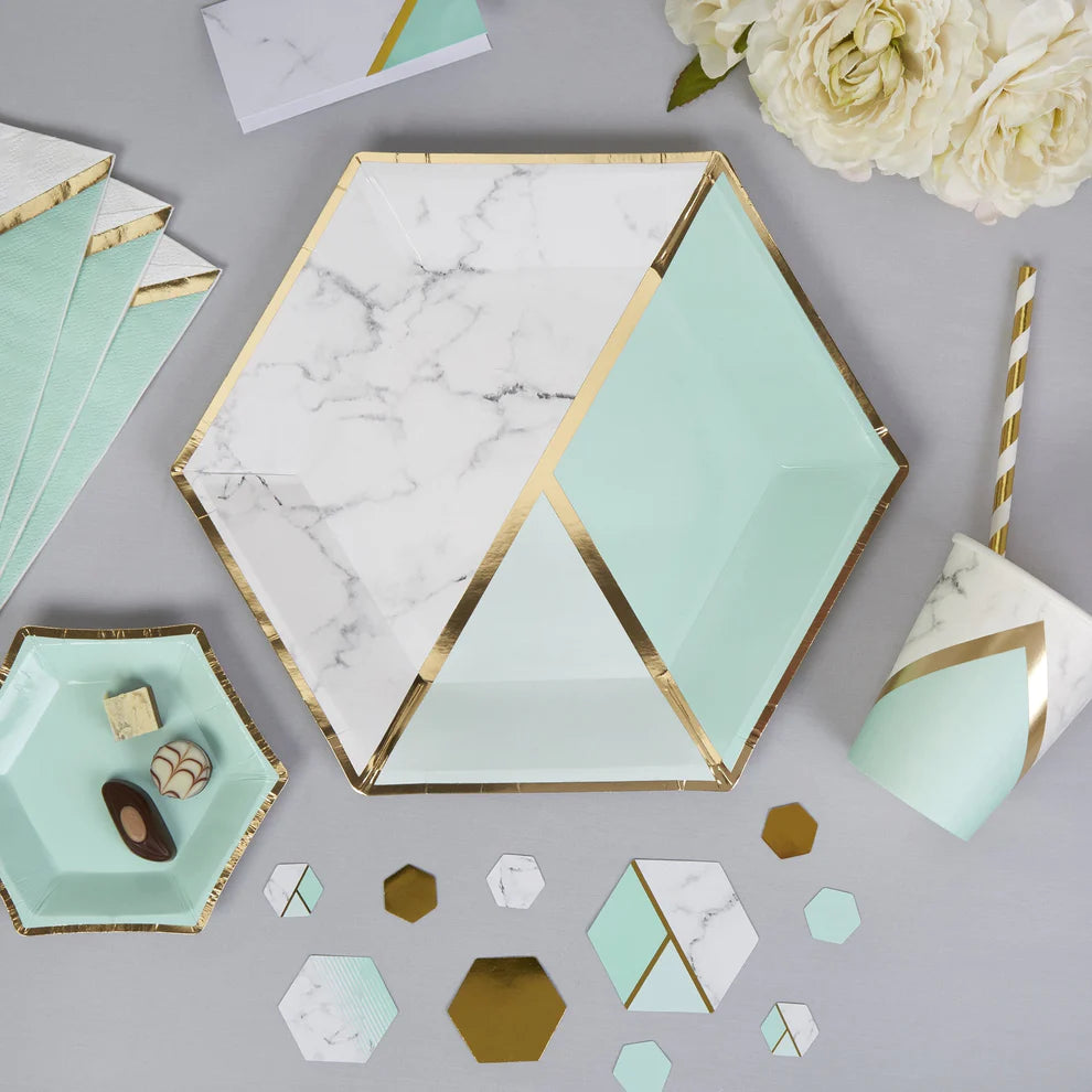 Aqua & Gold Hexa Shaped Plates 9" - 10 PC