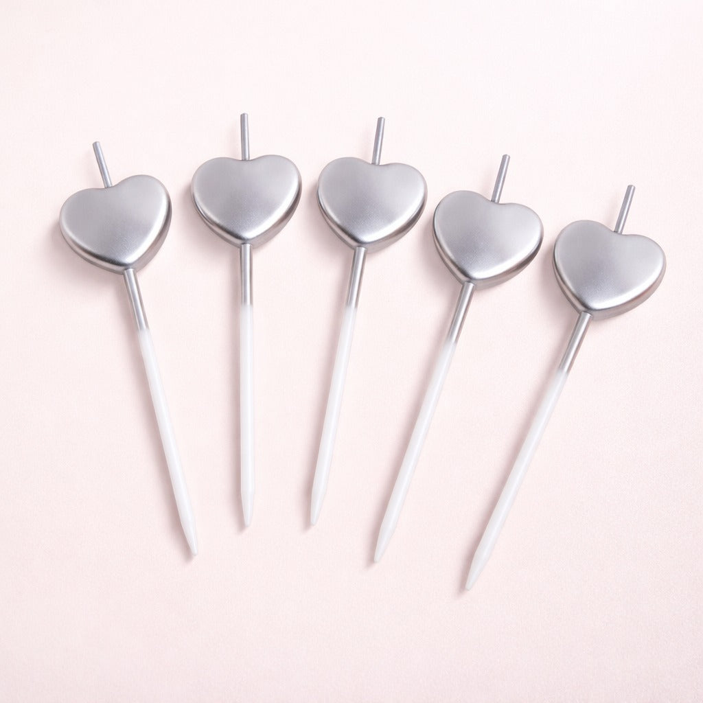 Glossy Silver Heart Shape Candle on Stick - 5PC